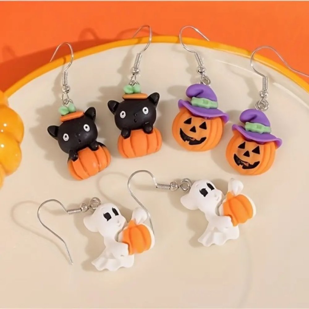 3 Pairs CUTE Halloween Resin Pumpkin Dangle Earrings